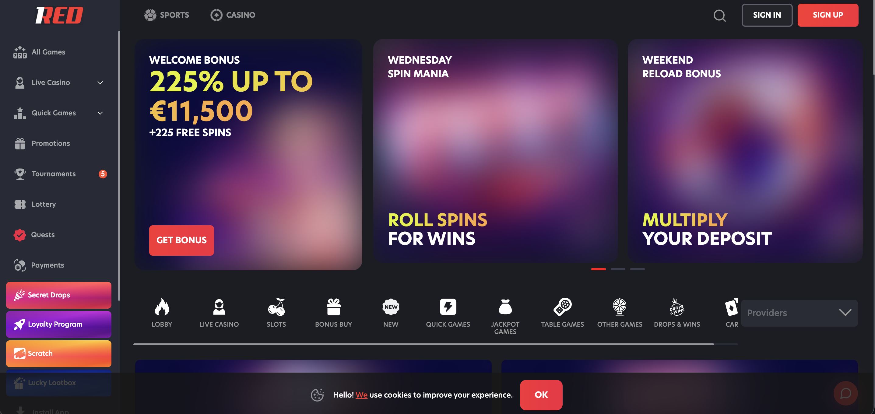 1Red Casino screenshot reviewed by Non GamStop GB